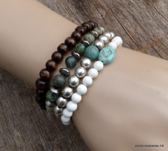 N5824a Bracelet elastique mala homme perles turquoises blanches et perle turquoise naturelle - Bijoux Bracelets en ligne Ninanina
