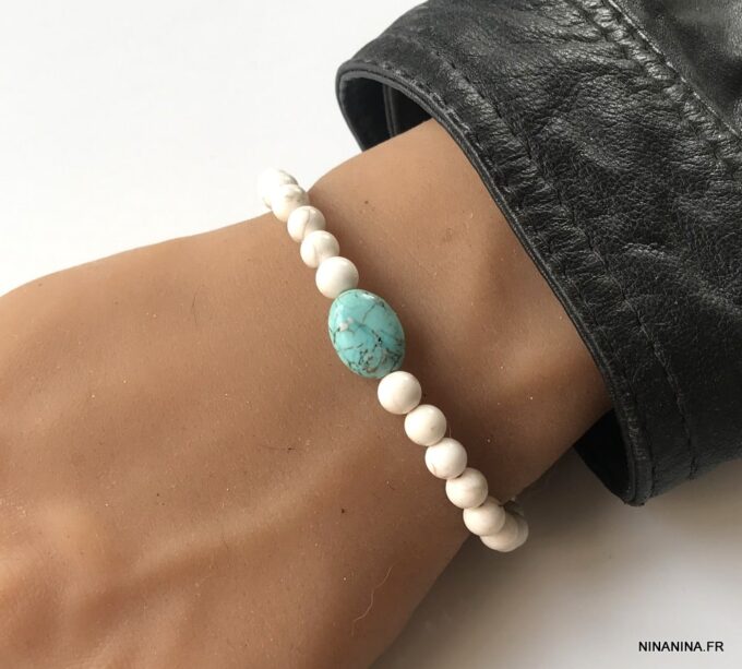 N5824a Bracelet homme perle blanche turquoise bleue naturelle - Bijoux Bracelets en ligne Ninanina