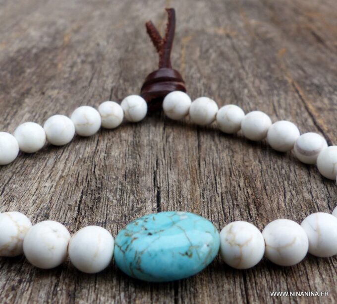 N5824b Bracelet elastique mala homme perles turquoises blanches et perle turquoise naturelle - Bijoux Bracelets en ligne Ninanina