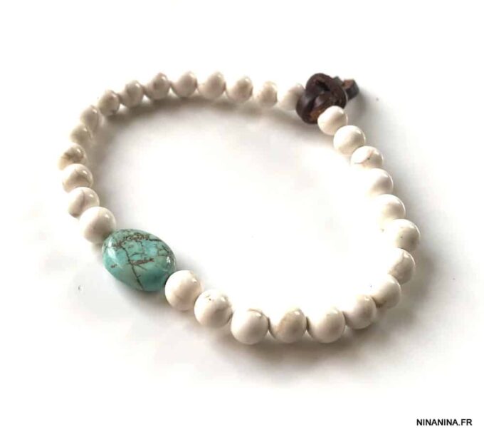 N5824b Bracelet homme perle blanche turquoise bleue naturelle - Bijoux Bracelets en ligne Ninanina