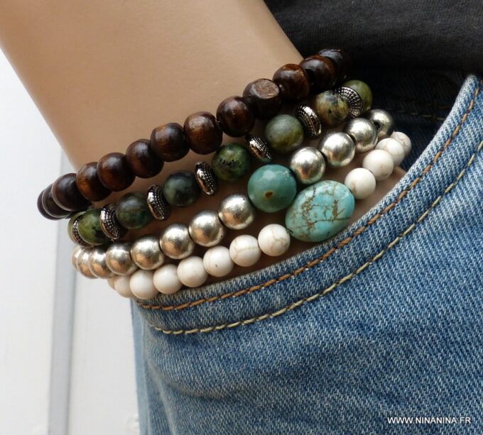 N5824c Bracelet elastique mala homme perles turquoises blanches et perle turquoise naturelle - Bijoux Bracelets en ligne Ninanina