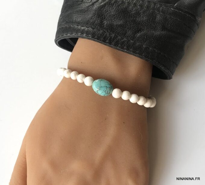 N5824c Bracelet homme perle blanche turquoise bleue naturelle - Bijoux Bracelets en ligne Ninanina