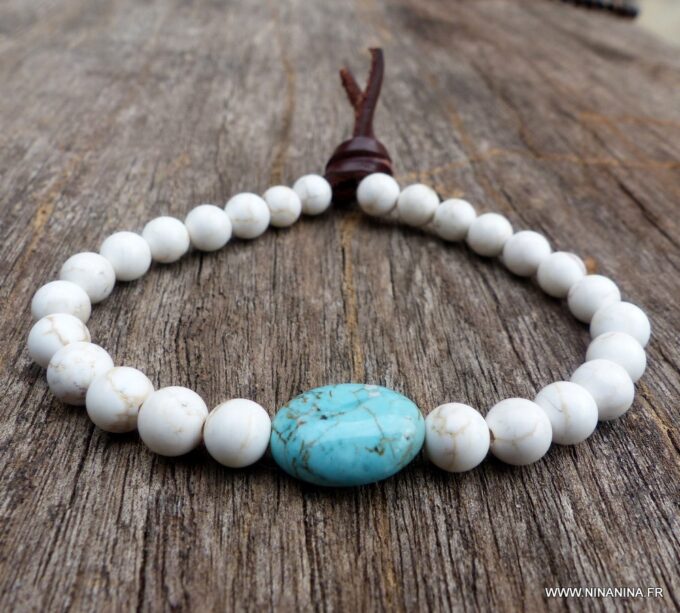 N5824d Bracelet elastique mala homme perles turquoises blanches et perle turquoise naturelle - Bijoux Bracelets en ligne Ninanina