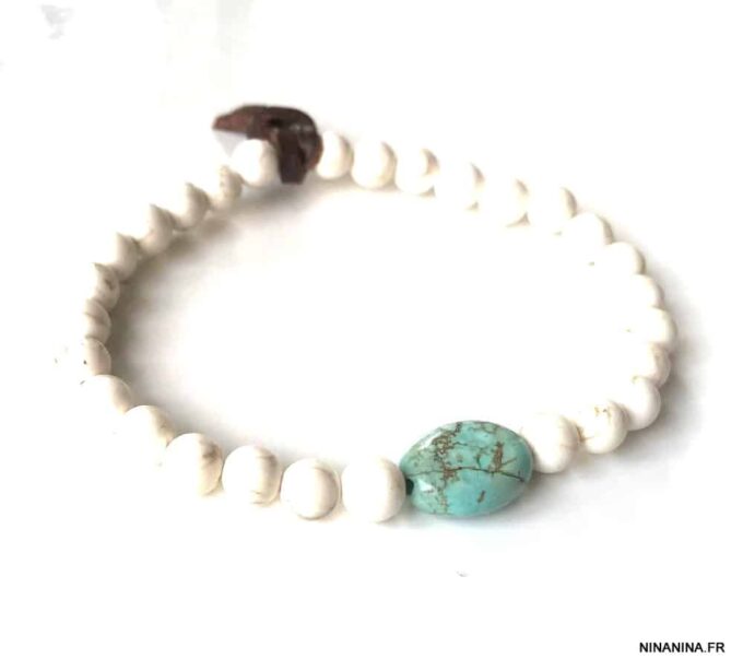 N5824d Bracelet homme perle blanche turquoise bleue naturelle - Bijoux Bracelets en ligne Ninanina