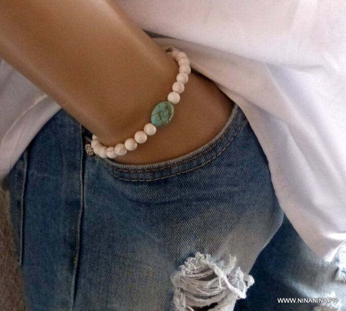 N5824d Bracelet homme strech elastique perles turquoises blanches et turquoise bleue - Bijoux en ligne NINANINA