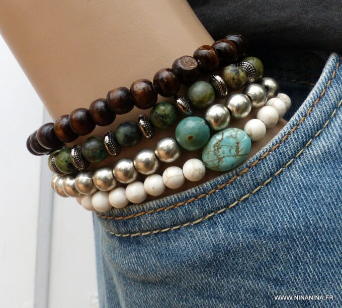 N5824e Bracelet elastique mala homme perles turquoises blanches et perle turquoise naturelle - Bijoux Bracelets en ligne Ninanina