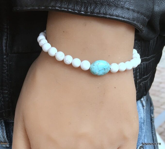 N5824e Bracelet homme perle blanche turquoise bleue naturelle - Bijoux Bracelets en ligne Ninanina