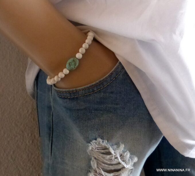 N5824f Bracelet homme strech elastique perles turquoises blanches et turquoise bleue - Bijoux en ligne NINANINA