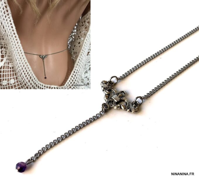 N5826c Chaîne de taille acier inoxydable Améthyste ou corail - Bijoux de corps en ligne Ninanina