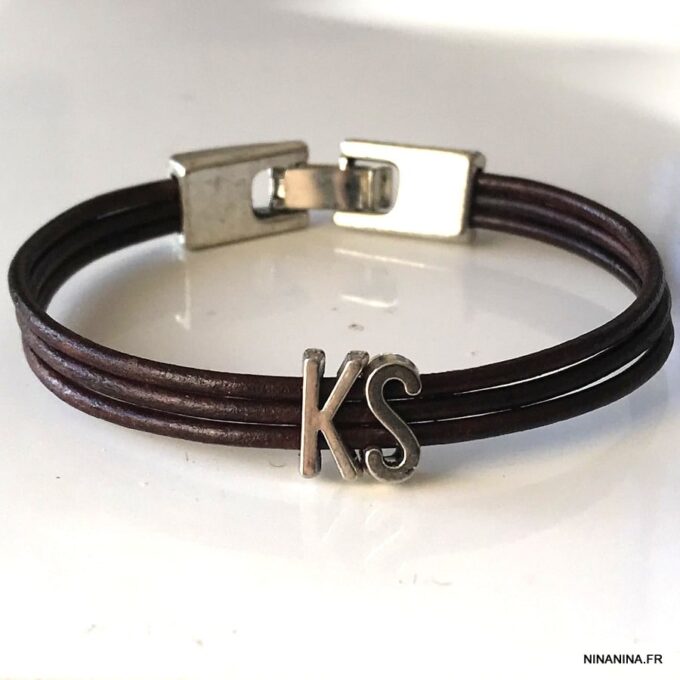 N5827b Bracelet personnalisé cordon cuir lettre argentée - Bijoux Bracelets personnalisés en ligne Ninanina