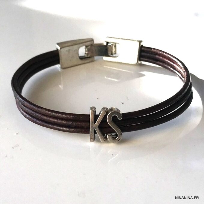 N5827d Bracelet personnalisé cordon cuir lettre argentée - Bijoux Bracelets personnalisés en ligne Ninanina