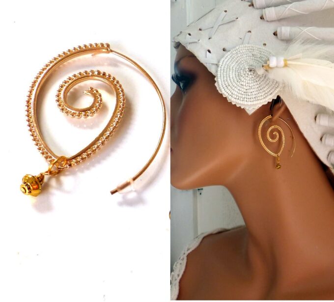 N5833 Boucles d'oreilles créoles tribales spirales ovales métal doré or - Bijoux en ligne NINANINA