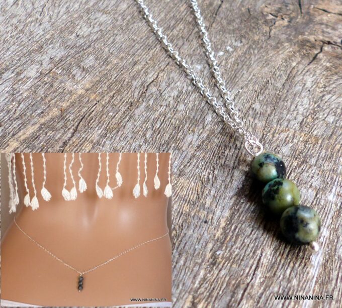 N5849c Chaine de taille argent 925 massif perles turquoise africaine - Bijoux Chaînes en ligne NINANINA