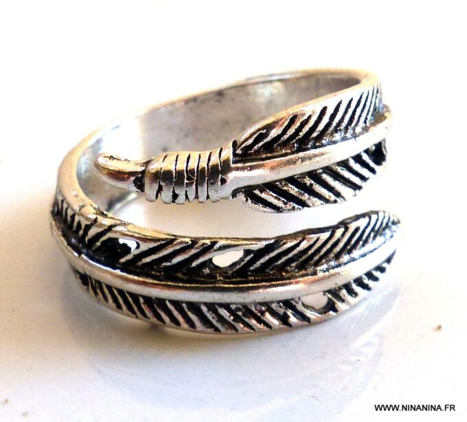 N5854 Bague tribale réglable plume métal argenté - Bijoux Bagues en ligne Ninanina