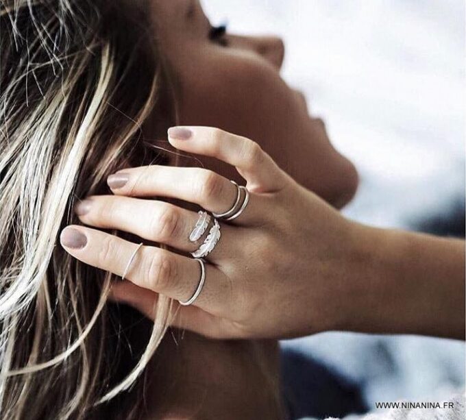 N5854a Bague tribale réglable plume métal argenté - Bijoux Bagues en ligne Ninanina