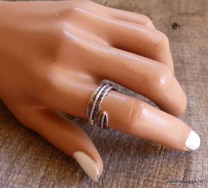 N5854b Bague tribale réglable plume métal argenté - Bijoux Bagues en ligne Ninanina