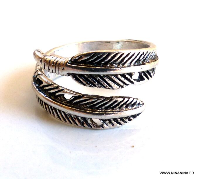 N5854c Bague tribale réglable plume métal argenté - Bijoux Bagues en ligne Ninanina