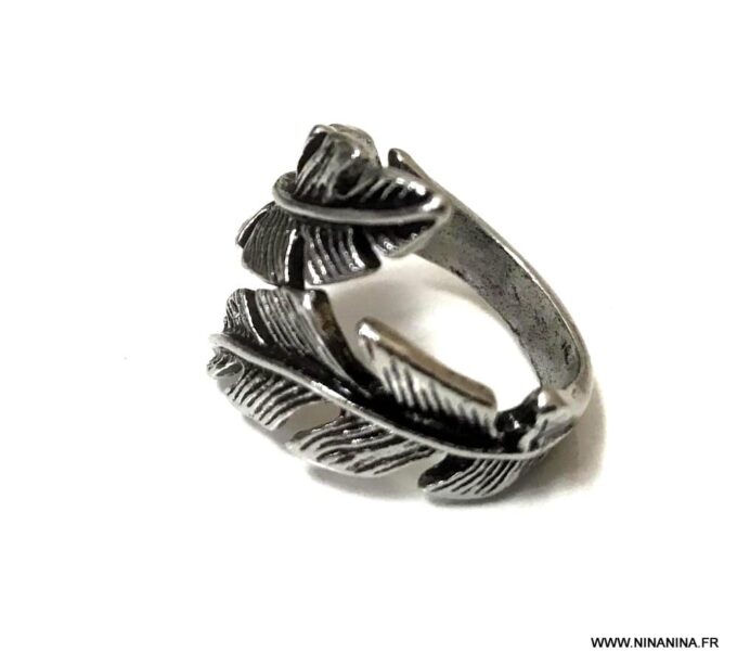 N5856c Bague femme plume fantaisie métal argent reglable - Bijoux Bagues en ligne Ninanina