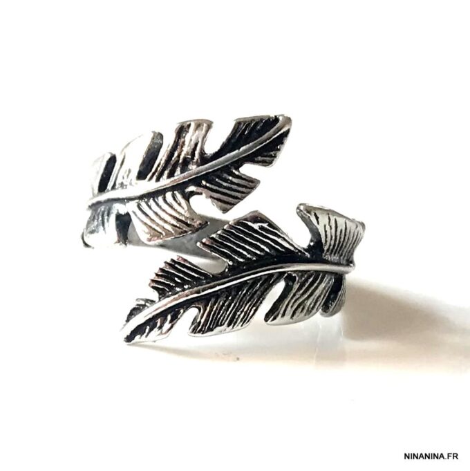 N5856d Bague femme plume fantaisie métal argent reglable - Bijoux Bagues en ligne Ninanina