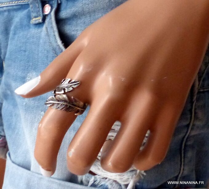 N5856E Bague tribale réglable plume métal argenté - Bijoux Bagues en ligne NINANINA
