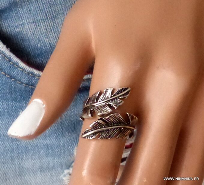 N5856H Bague tribale réglable plume métal argenté - Bijoux Bagues en ligne NINANINA