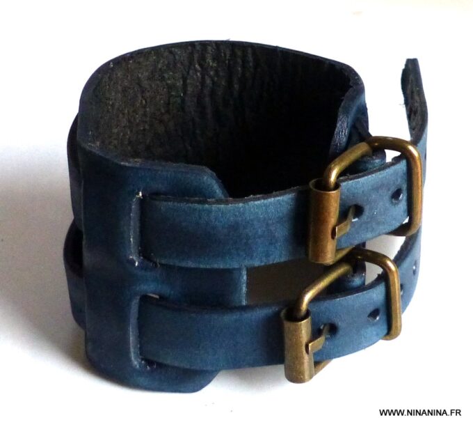N5858 Bracelet de force double cuir bleu - Bijoux Bracelets en ligne NINANINA