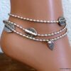 N5860 Bracelet de cheville 3 rangs perles et breloques métal argenté vieilli - Bijoux Bracelets en ligne NINANINA