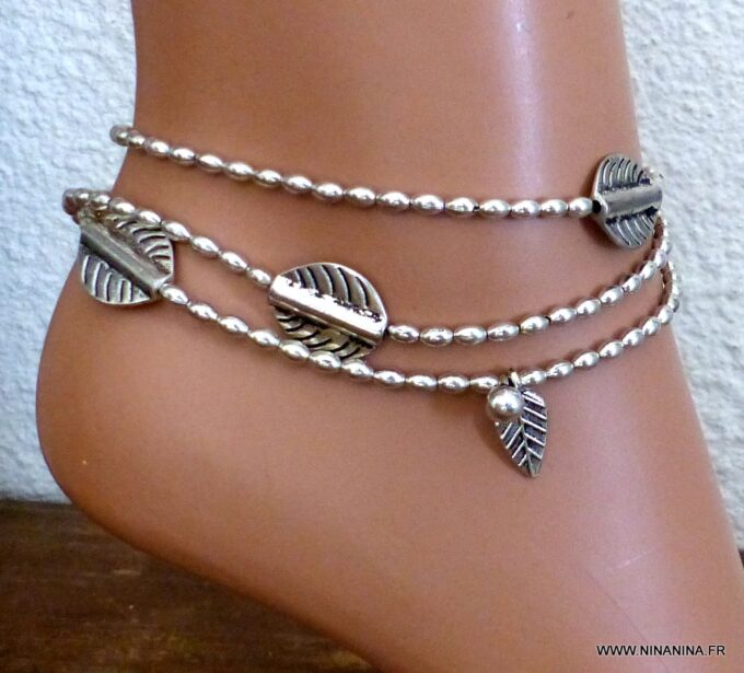 N5860 Bracelet de cheville 3 rangs perles et breloques métal argenté vieilli - Bijoux Bracelets en ligne NINANINA
