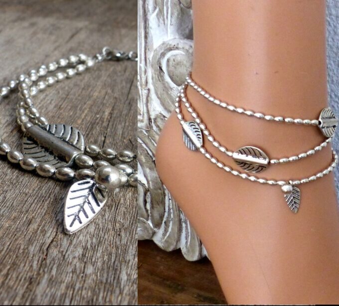 N5860B Bracelet de cheville 3 rangs perles et breloques métal argenté vieilli - Bijoux Bracelets en ligne NINANINA
