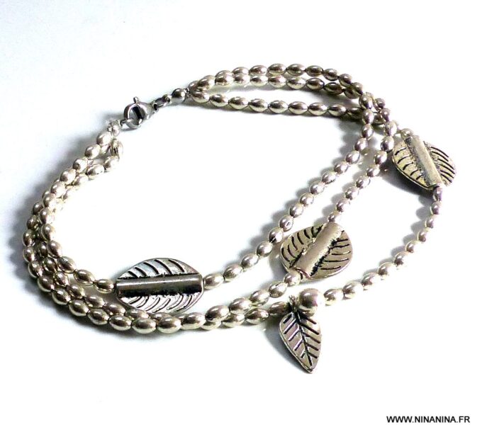 N5860C Bracelet de cheville 3 rangs perles et breloques métal argenté vieilli - Bijoux Bracelets en ligne NINANINA