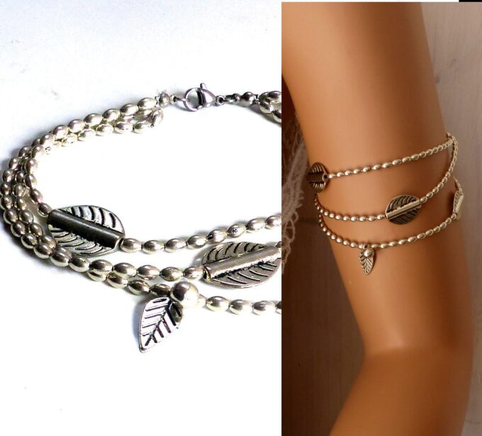 N5861 Bracelet de bras 3 rangs perles et breloques métal argenté vieilli - Bijoux Bracelets en ligne NINANINA