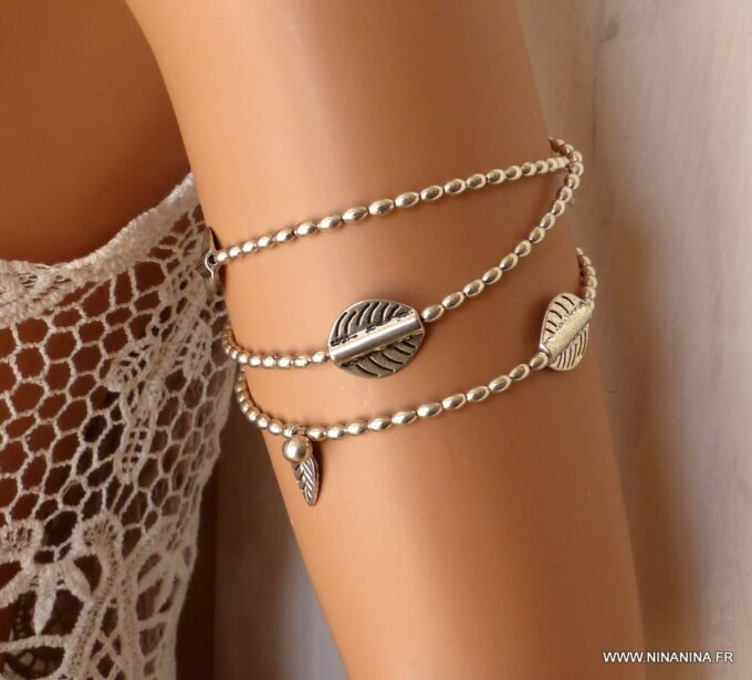 N5861b Bracelet de bras 3 rangs perles et breloques métal argenté vieilli - Bijoux Bracelets en ligne NINANINA