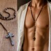 N5875b Chapelet homme pendentif croix chrétienne en hématite et perles noires - Bijoux Colliers en ligne Ninanina