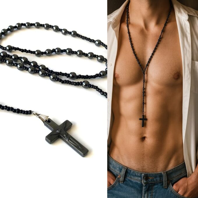 N5875c Chapelet homme pendentif croix chrétienne en hématite et perles noires - Bijoux Colliers en ligne Ninanina