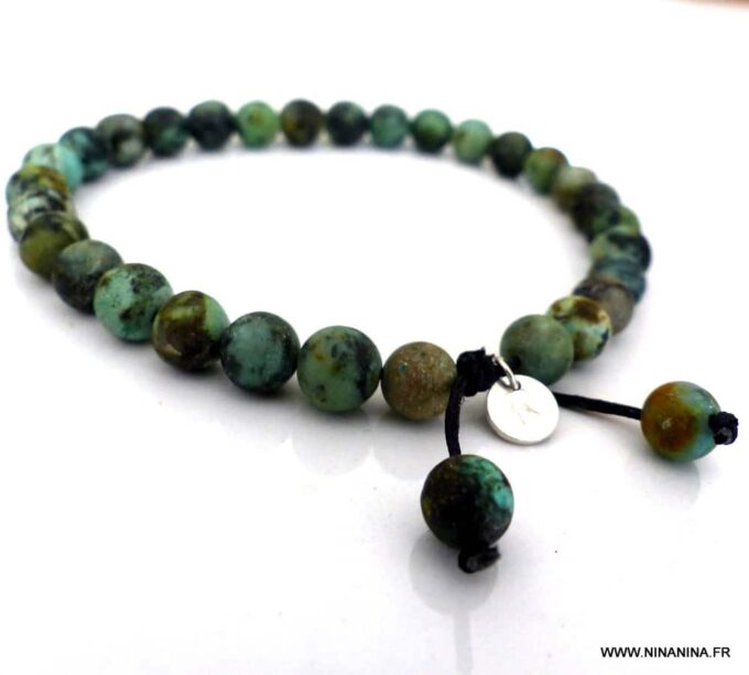 N5877 Bracelet homme réglable perles turquoises africaines argent massif personnalisé - Bijoux Bracelet en ligne Ninanina