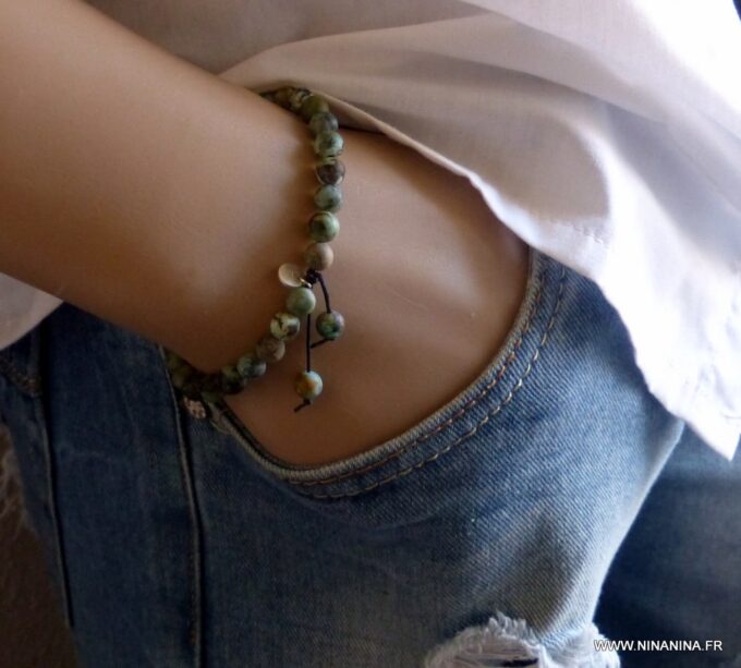 N5877b Bracelet homme réglable perles turquoises africaines argent massif personnalisé - Bijoux Bracelet en ligne Ninanina