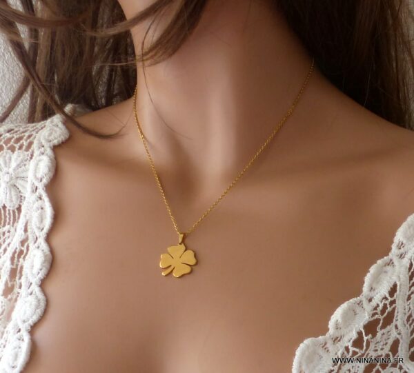 Ensemble Bijoux Trèfle à 4 Feuilles Chance - Acier Titane + Émail - Collier, Bracelet, Boucles D'Oreilles Pour Femme & Ado