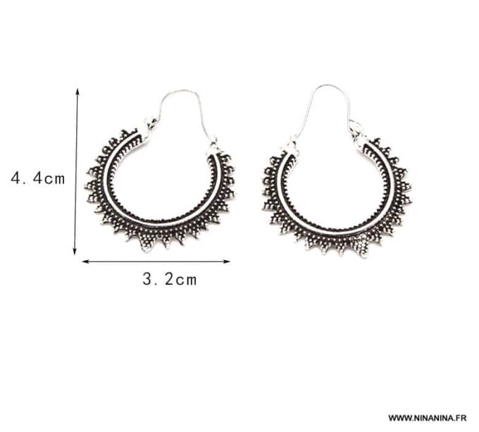 N5889 Boucles créoles tribales en métal argenté - Bijoux Boucles en ligne Ninanina