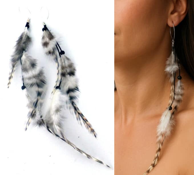 N5893 Boucles d'oreilles cordon cuir et longues plumes Argent 925 artisanales - Bijoux boucle d'oreille en ligne Ninanina