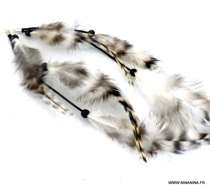 N5893a Boucles d'oreilles ethniques cordon cuir et longues plumes - Bijoux Boucle en ligne NINANINA