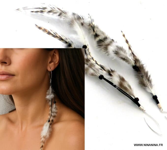 N5893B Boucles d'oreilles cordon cuir et longues plumes Argent 925 artisanales - Bijoux boucle d'oreille en ligne Ninanina