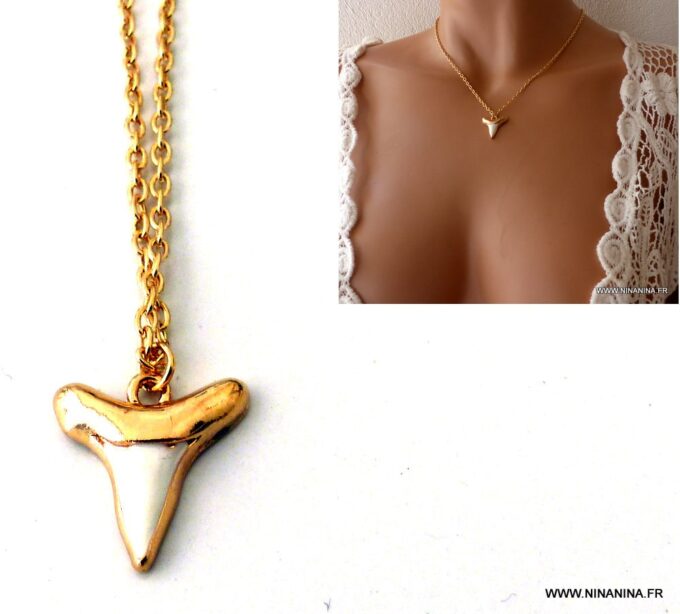 N5899d Collier mi-long dent de requin métal doré blanc émaillé - Bijoux Colliers en ligne NINANINA