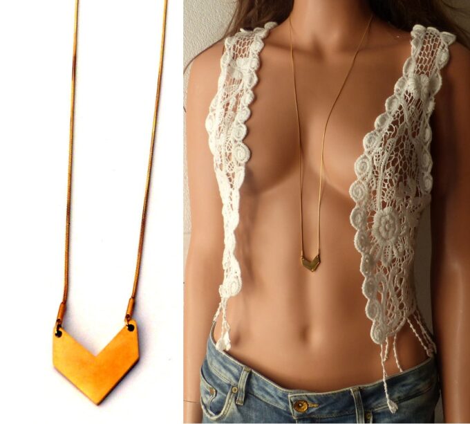 N5904 Collier femme long sautoir chevron acier inoxydable doré - Bijoux Colliers en ligne NINANINA