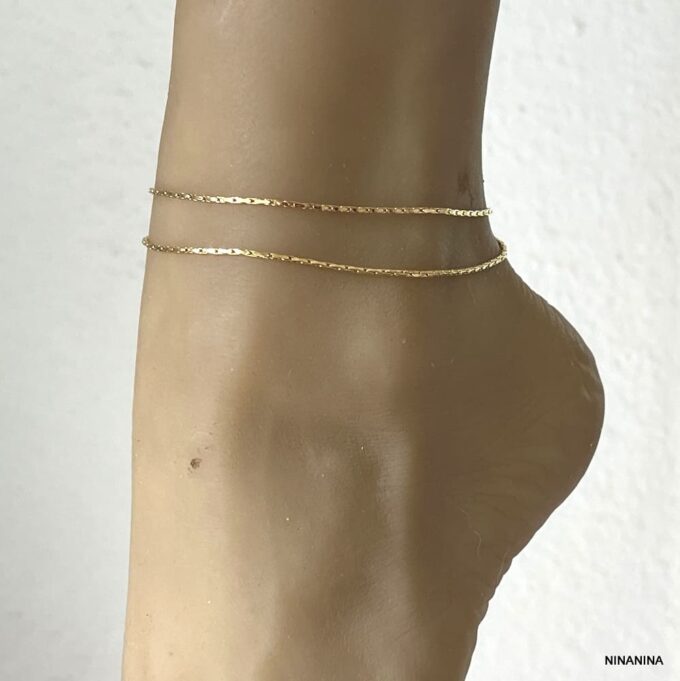 N5906b Chaine De Cheville Double Acier Inoxydable Doré Maille Fantaisie - Bijoux de pieds dorés en ligne Ninanina