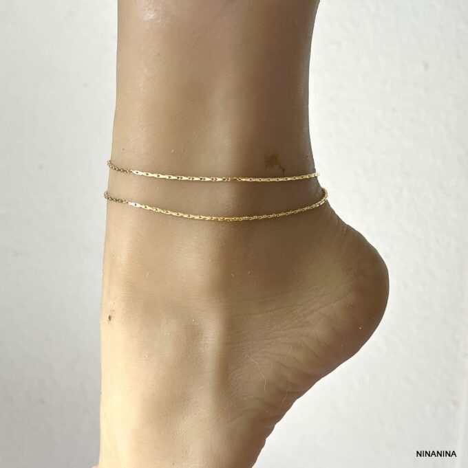 N5906d Chaine De Cheville Double Acier Inoxydable Doré Maille Fantaisie - Bijoux de pieds dorés en ligne Ninanina