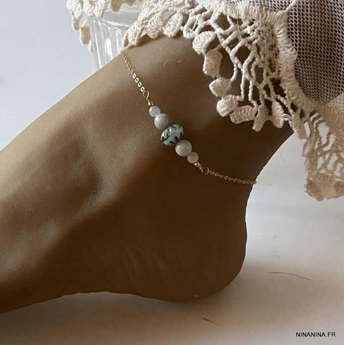 N5907a Chaînette cheville Plaqué Or Et Aigue Marine bleue - Bijoux de pied en ligne Ninanina