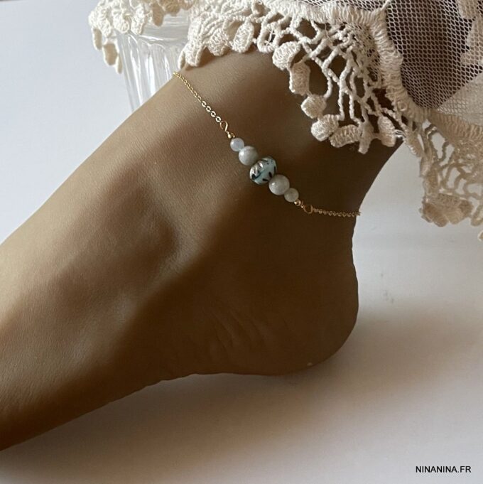 N5907b Chaînette cheville Plaqué Or Et Aigue Marine bleue - Bijoux de pied en ligne Ninanina