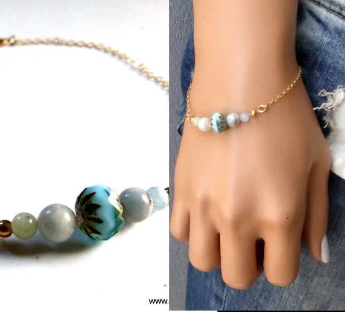 N5908 Bracelet chaine plaqué or aiguemarine -Bijoux Bracelets en ligne NINANINA