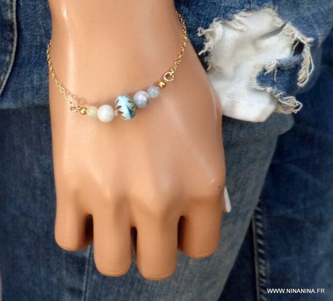 N5908b Bracelet chaine plaqué or aiguemarine -Bijoux Bracelets en ligne NINANINA