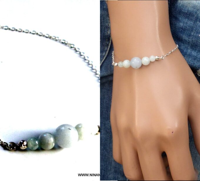 N5909 Bracelet chaine argent 925 massif aiguemarine -Bijoux Bracelets en ligne NINANINA